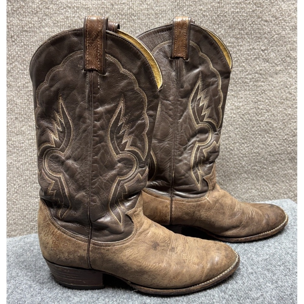 Vintage Tony Lama Cowboy Boots Mens 9 D Brown and Blue Distressed Worn‎ In VTG